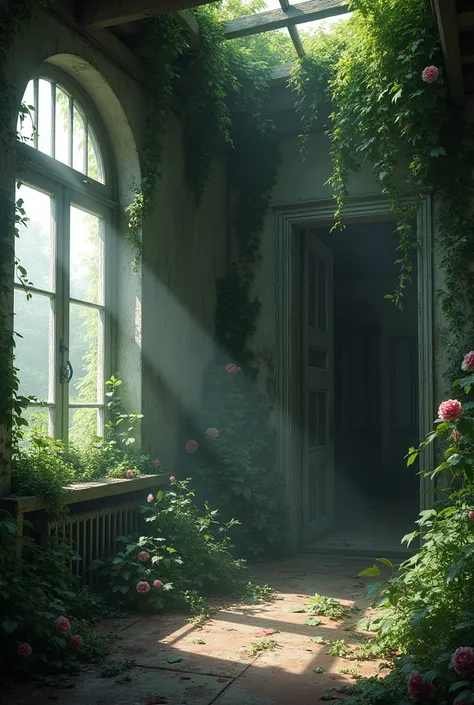 interior of a beautiful abandoned house overcast with flowers and leaves