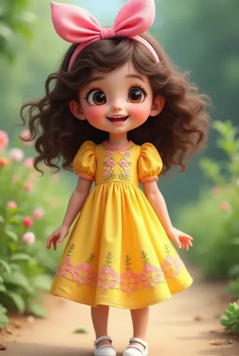 create a mascot of a female child. no earring, no necklace and no bracelet. She has medium skin tone, Shoulder length chocolate brown curly hair. medium eyes, dark brown color, is smiling, dressed in a yellow dress with floral details and embroidery, and w...