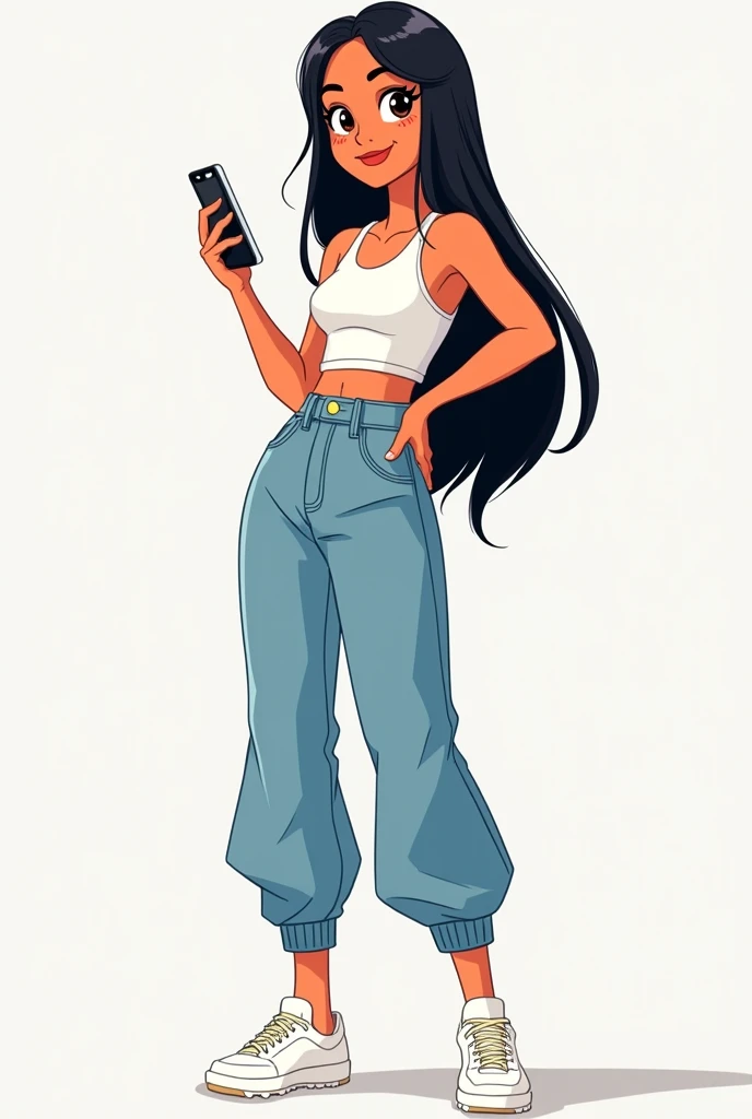 Create a Nickelodeon girl character, her hair color is black, her eyes are dark brown, her skin is white, she is wearing a white top, mom jeans, and white tennis shoes. She is posing with her cell phone in her hand, she is thin and has a waist.