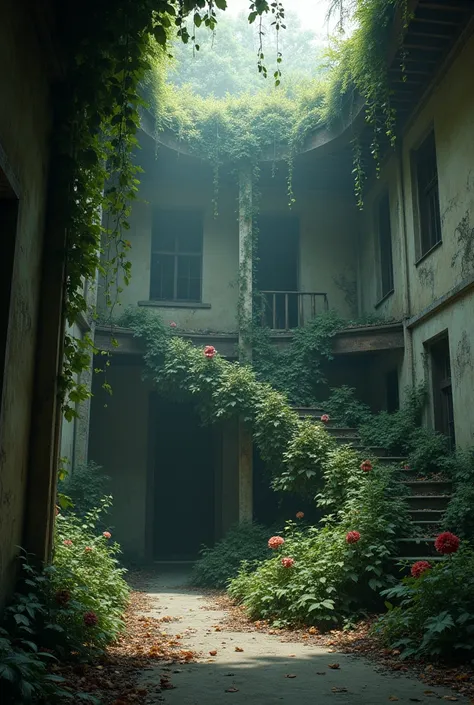 interior of a beautiful abandoned house overcast with flowers and leaves