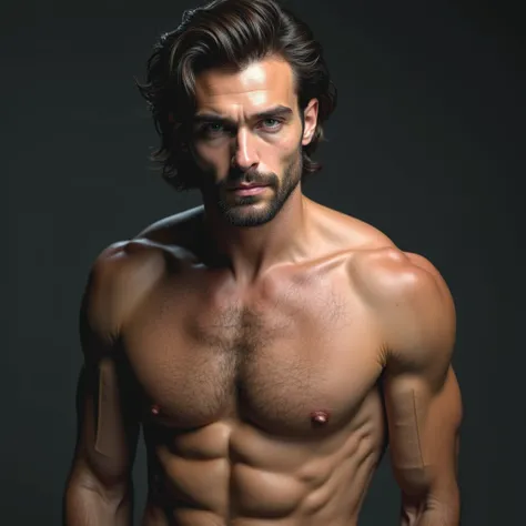 handsome male model, barechest, with shoulder-length hair, dark and messy and wavy, Super light blue eyes, thick lips, defined muscles, fit, torn body, Medium shot, ultra highest detailed face, Darmatic Lighting, low light