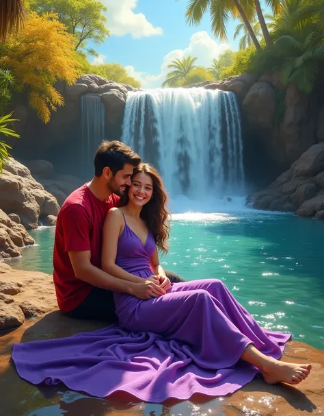 
RAW PHOTO REALISTIC
young couple, beautiful WONDER woman, purple velvet dress, wearing jeans, she is leaning on the lap of a handsome  man, red shirt, smiling, romantic, soaking in the waterfall with clear and transparent water flowing over a layer of bro...