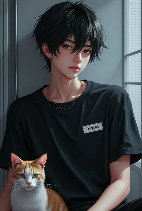 Draw a super realistic picture。A teenager boy、Wearing a black shirt、Im wearing a mask。His looks are very attractive and handsome、His eyes are in cat-eye style。He has a nameplate on his shirt、Name is "Ryuya".And there was a cat beside him、The background is ...