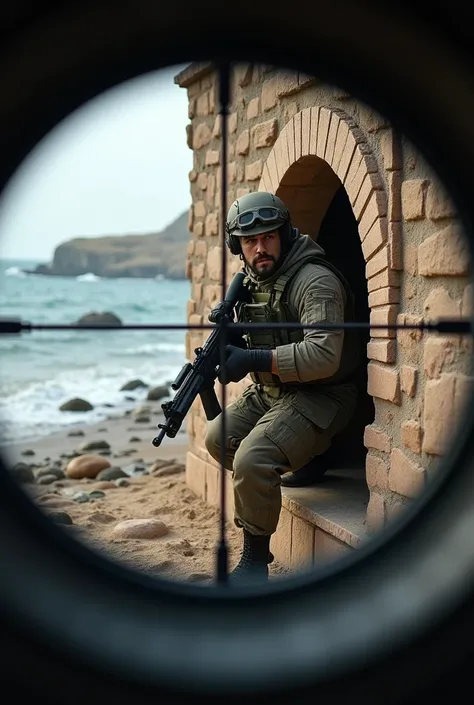 A soldier in a grove hides behind a stone stove. View through the optical sight. The soldier is hiding. Behind the clay-colored stone oven. The soldier is behind her.. This all happens on the seashore. 