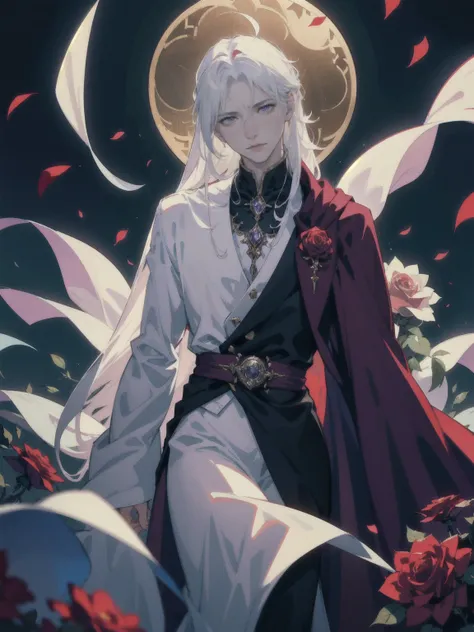 A young, hauntingly beautiful vampire named Calyx stands alone in a field of white roses, their delicate petals glowing softly under the full moon’s ethereal light. His long, straight white hair falls gracefully to his shoulders, perfectly framing a face t...