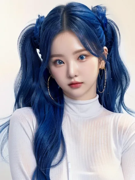 long, wavy blue hair combed in two ponytails and blue like eyes, wearing a white long-sleeved turtleneck shirt, gold hoop earrin...