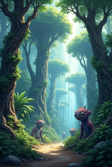 tropical forest, primitive trees, alien fauna,alien planet, cinematic effect, anime style