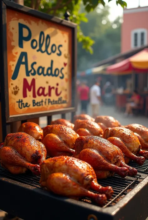 Grill with roast chickens with a sign that says “POLLOS ASADOS MARI”,THE BEST OF PETATLAN”