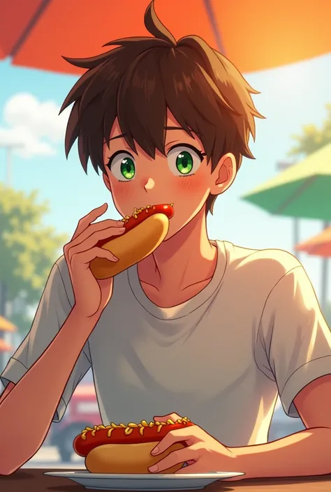 Brown haired and green eyed adult anime boy eating a hot dog
