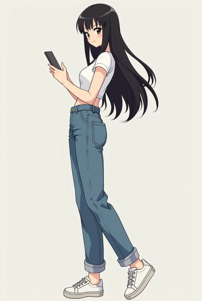 Create an anime character Kimetsu no yaiba, She is a girl and her hair color is black, her eyes are dark brown, her skin is white, she is wearing a white top, mom jeans, and white tennis shoes, she is posing with her cell phone in her hand, she is thin and...