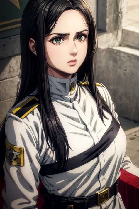 1 woman aged 35, long black hair, greeneyes, neutral expression, white military uniform, marley, liberia, masterpiece artwork, b...