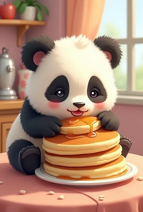 A kawaii panda eating pancakes