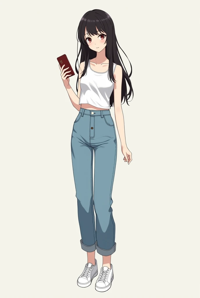 Create an anime character Kimetsu no yaiba, She is a girl and her hair color is black, her eyes are dark brown, her skin is white, she is wearing a white top and mom jeans and white tennis shoes, she is posing with her cell phone in her hand, she is thin a...