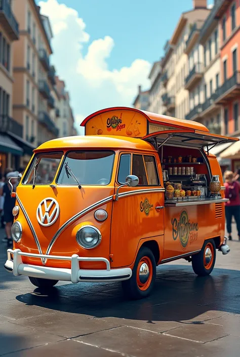 A Volkswagen van modified as a trendy food truck with a space for selling drinks