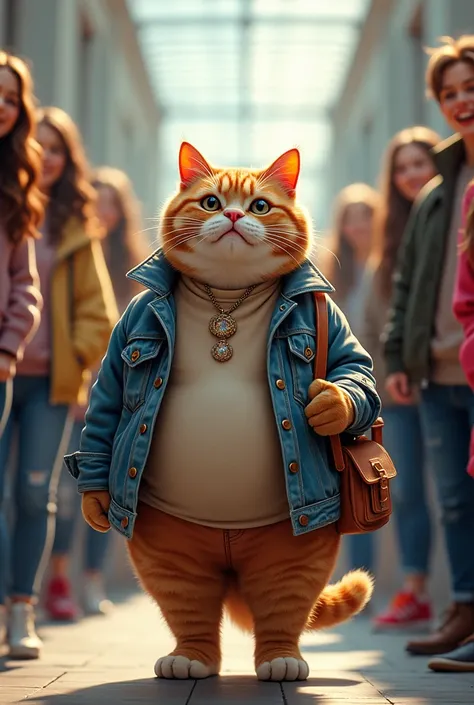 Fashionable fat cats first day in school, teens laughing on his body fat, cat crying.