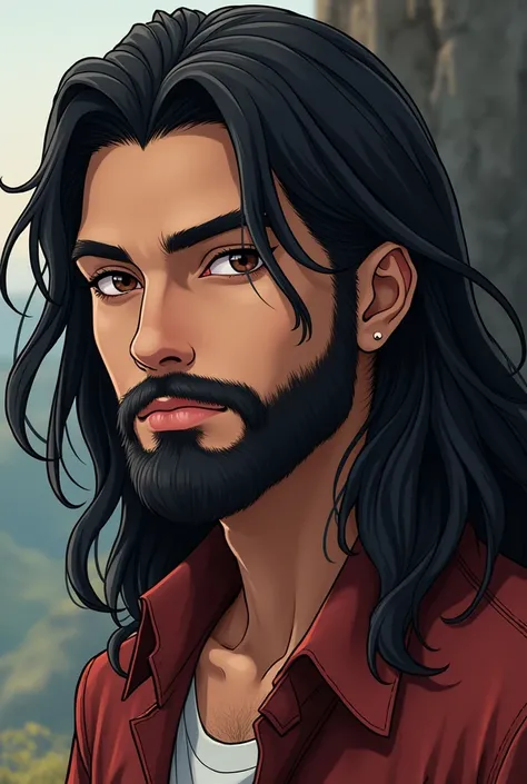 Mexican anime bearded brunnete long hair boy