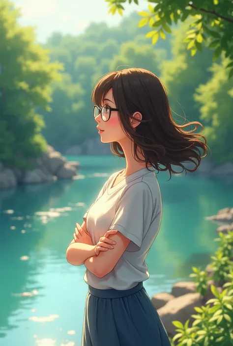 high-resolution, beautiful, side view of a woman with long hair wearing glasses, standing with her arms crossed by the river. The scene is bright and cheerful, captured in the morning light. The setting is reminiscent of Mappa Studios detailed and vibrant ...