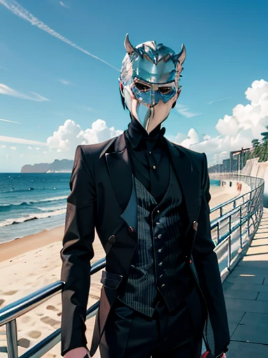 raw photo, thin 1man, black strict suit, chrome devil mask, artistic pose, complex beach background, 8k uhd, dslr, soft lighting...