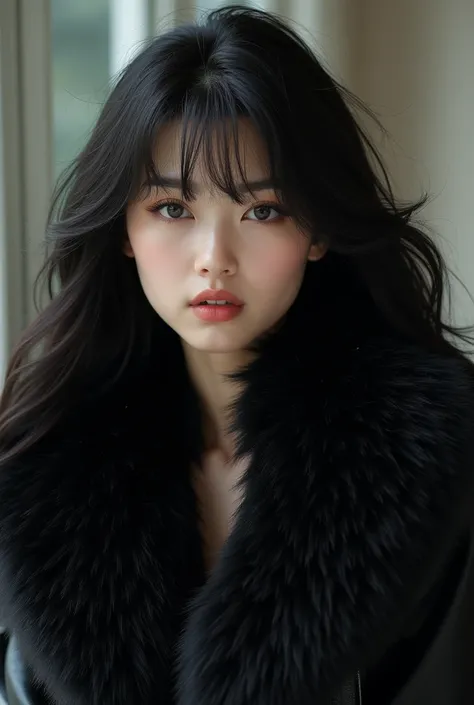 South Korean Asian, Very long hair, black fur, beautiful, small nose, thick lips, leather jacket, 8k, Hyperrealism, 20 year old girl, White skin, cara beautiful 