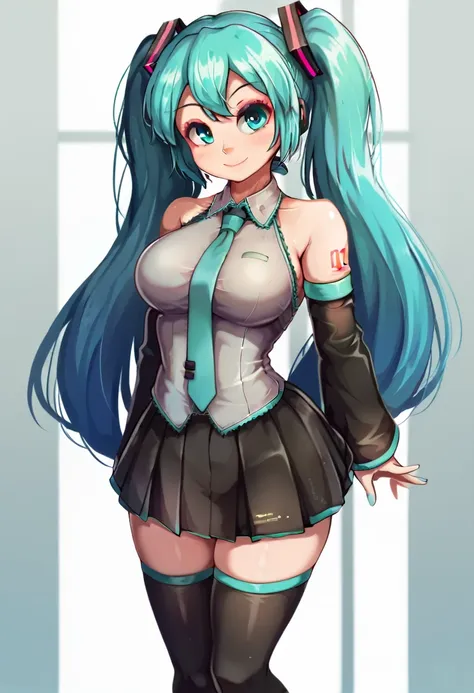 score_7_up, score_6_up, solo, 1girl, hatsune miku, smile, closed mouth, looking at viewer, standing, aqua hair, twintails, aqua ...