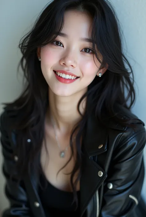 South Korean Asian, Very long hair, black fur, beautiful, small nose, thick lips, 8k, Hyperrealism, 20 year old girl, White skin, cara beautiful, rock clothing, laughing, blue eyes,  