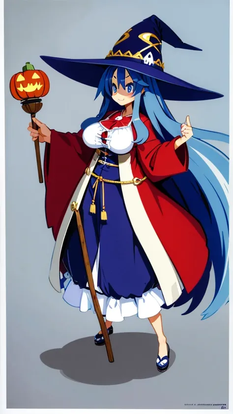 witch pygmy blue hair(Long Straight) Hairy, light blue eyes, baby face, round face, facial expression(Grin) Cat mouth, big breasts, boobs, tight, plump, chubby, pumpkin pants, robe, wooden stick, candlestick, beautiful witch, female brat