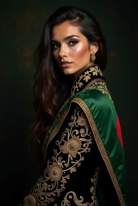 Black velvet jacket caftan with gold embroidered details on the shoulders and cuffs, arabesque, Art Nouveau, Flemish Baroque embroidery, Algerian flag in its original color over the woman&#39;s shoulder,(front focus)، (in the dark: 1.6)، صورة واقعية للغاية...