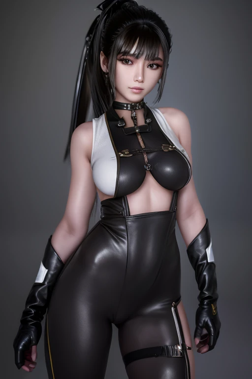 Eve, stellar blade, 8k,highres, 1girl, front lighting, simple background, gray background, looking at the viewer, bodysuit, black hair and dark black hair, fringe, hair tied in ponytail style, video game, heels, gloves, boobs, honey colored eyes, white ski...