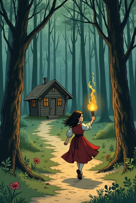 a girl in a dress like from the middle ages, with a torch in hand, running to the right side, In a forest, with a cabin on the left side, Simple, muy Simple y simple , in horizontal drawing, the girl at one end and the cabin at the other end, with mid-cent...