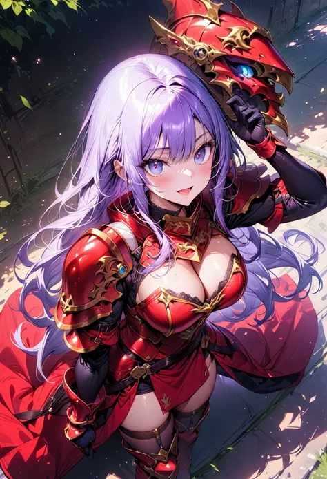 (masterpiece),(best quality),(ultra-detailed),(best illustration),(best shadow),(absurdres),(detailed background),(very aesthetic), 1girl, solo, ((purple-hair)), long-hair, breasts, armor, cleavage, large-breasts, helmet, open-mouth, smile, boots, purple-e...