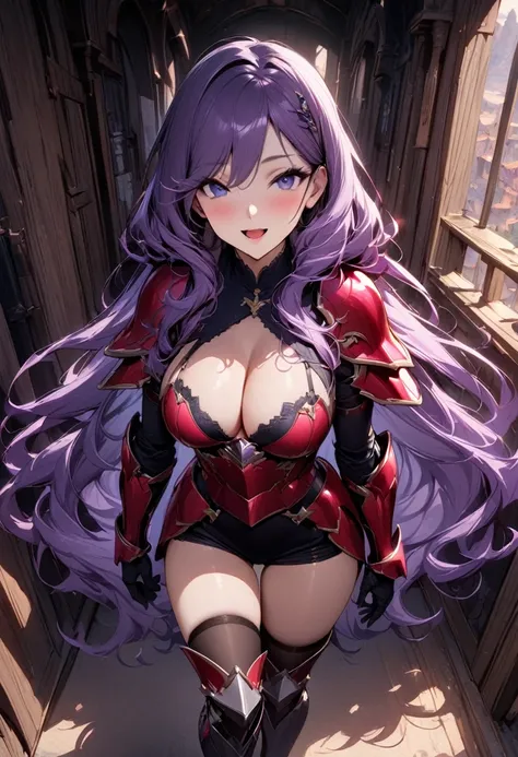 (masterpiece),(best quality),(ultra-detailed),(best illustration),(best shadow),(absurdres),(detailed background),(very aesthetic), 1girl, solo, ((purple-hair)), long-hair, breasts, armor, cleavage, large-breasts, helmet, open-mouth, smile, boots, purple-e...