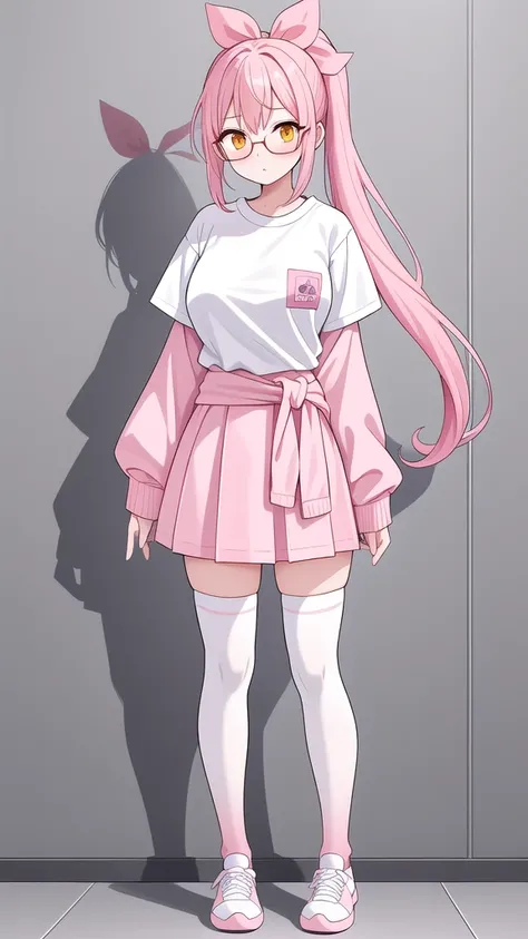 Full body girl with pink colored long hair, a side ponytail, orange eyes and big breasts, Shes wearing a light blue t-shirt, a light pink skirt, glasses, a hair bow, white colored thighhighs and white shoes, She has a sweater tied around her waist (Detaile...