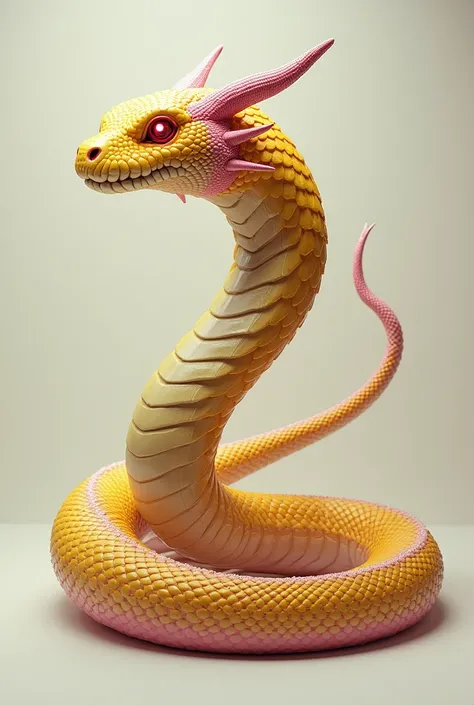 snake, yellow skin with pink specks, red eyes, horn on forehead, animal snake