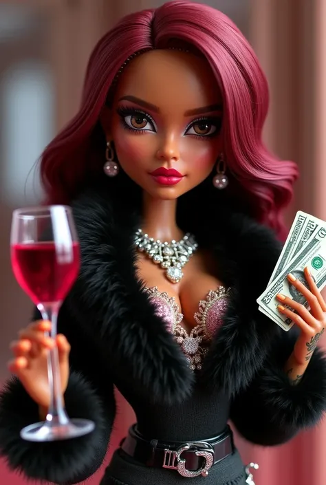 Bratz with medium burgundy hair, with a diamond necklace that says Jullya, money in one hand and a glass of wine in the other, with a black furry sweater, with a serious and sexy face and tattooed hands
