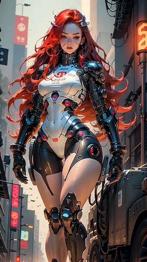 Very long red hair Woman body defined thick thighs massive accentuated super huge enormously gigantic nude breasts exposed cybernetic body parts, short underwear cyber City background 