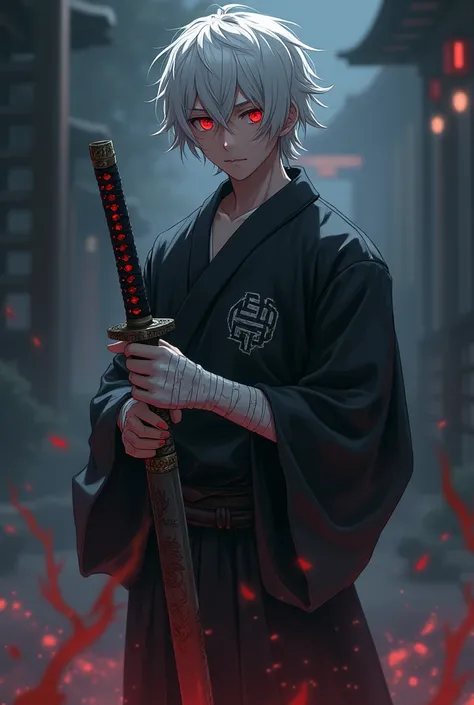 at night his eyes all glow red and his eye veins are black he is a young male he is 16- his hair is medium length it is long enough to cover his eyes it is messy and white his hands are all covered with white bloody bandages up to his elbows he is wearing ...