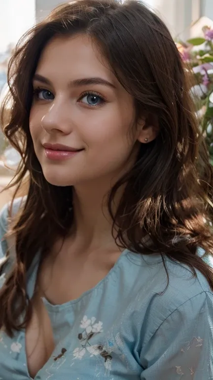 photo of a beautiful young girl,light blue eyes,flirty smile, natural light photography --ar 2:3 --seed 1035264569 --style raw --personalize 17qkmu2 --stylize 50 --v 6.1, flower balck shirt,