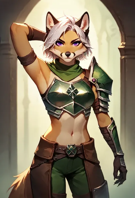 score_9, score_8_up, score_7_up, score_6_up, score_5_up, score_4_up, (solo), female anthro fox, beige body, short white hair, purple eyes, armor, rogue, standing still, one arm raised, facing to the side, looking at viewer