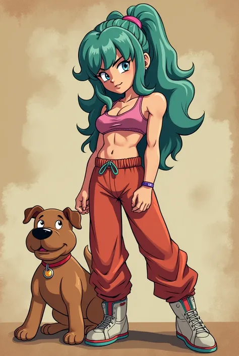 Create Bulma from Dragon Ball with tight clothes in 4 and a dog having sex with Bulma