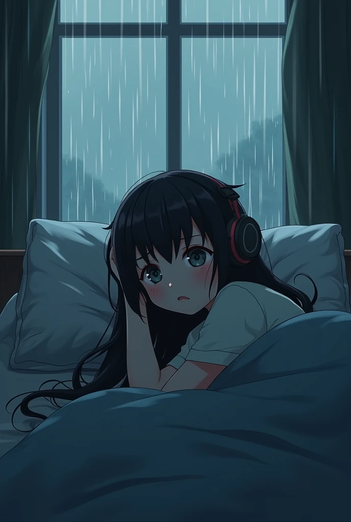 Image of a sad anime person lying in bed on a rainy day with headphones on and thinking about life and looking out the window 