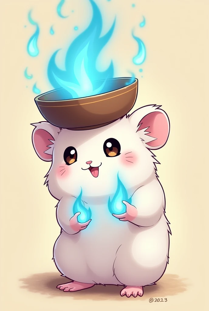 hamster (little blue fire in his hands) (anime) (white hamster)  (cool) (Japanese bowl on his head as a helmet) 