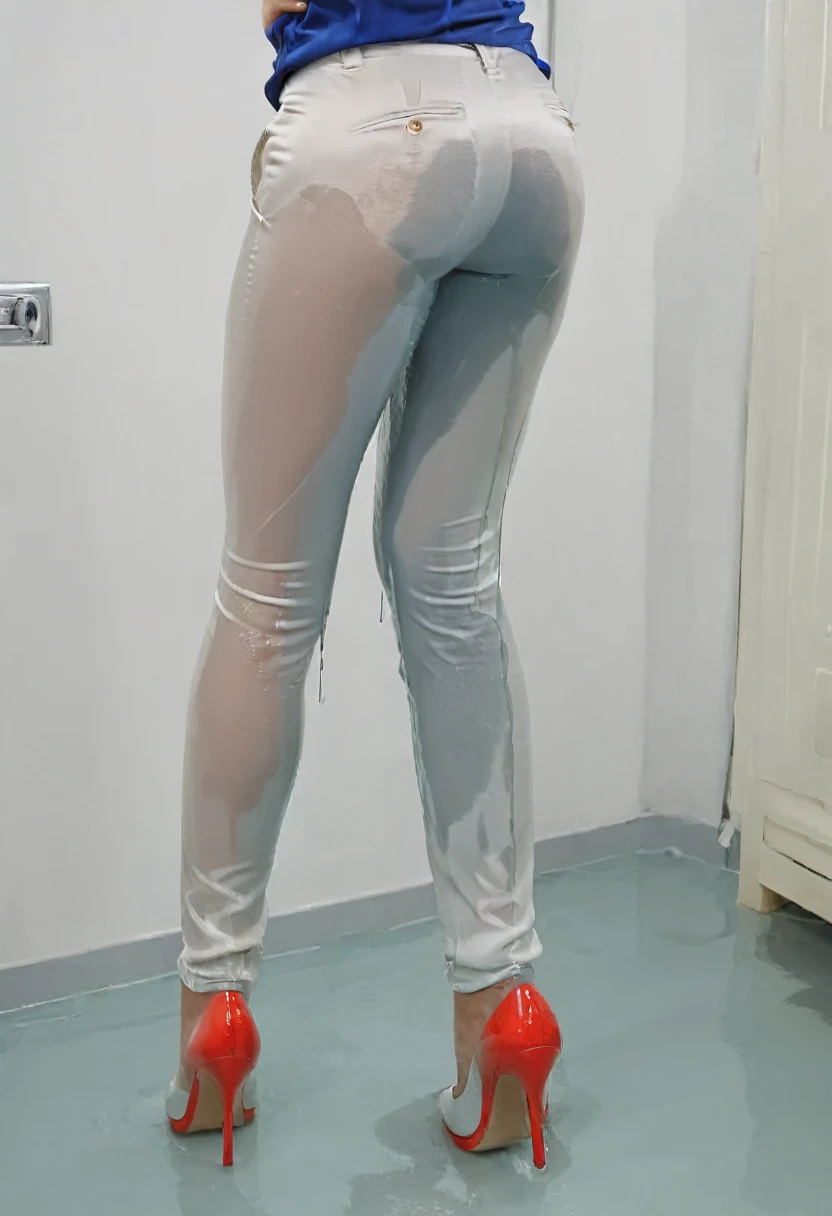 ((rear view)), attractive redhead woman wearing blue satin blouse and white dress pants, wavy hair, high heel pumps, pantyhose, standing in a bedroom,  wetting, big smile, pee stains are gleaming wet, lower legs are soaking wet , shoes are flooded with pee...