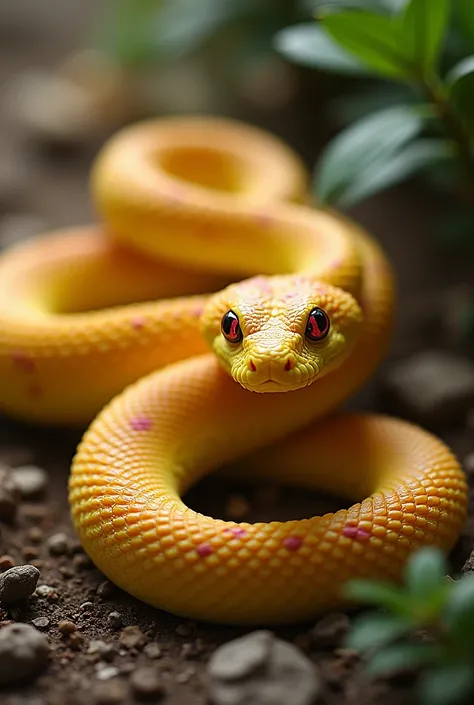 snake, yellow skin with pink specks, red eyes, animal snake