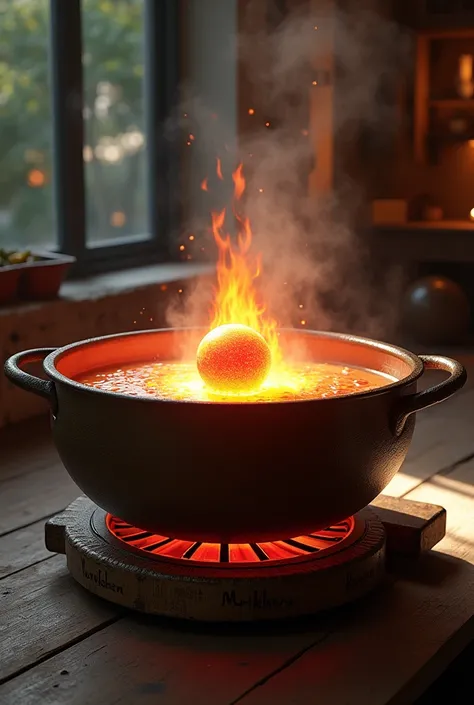 Create a large interactive cooking pot designed with a stove that simulates a fire. In the center of the large cooking pot, a sphere or other shape that changes colors. Includes speakers that provide verbal instructions. besides, It has a large, easy-to-pr...