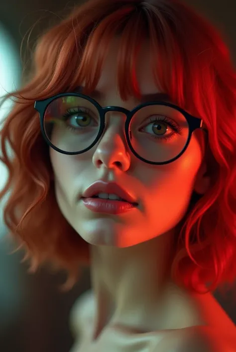 One with reddish hair, smooth ass, of prescription glasses with black frames, medium mouth and round face 
