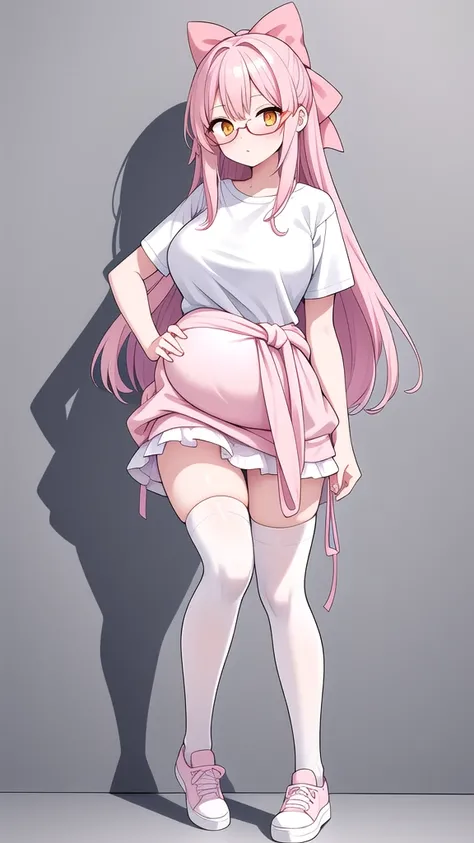 Full body girl with pink colored long hair, pregnant, orange eyes and big breasts, Shes wearing a light blue t-shirt, a light pink skirt, glasses, a hair bow, white colored thighhighs and white shoes, She has a sweater tied around her waist (Detailed cloth...