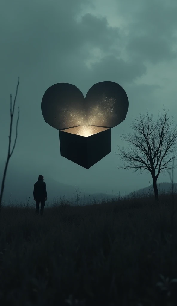 Create a dark, grunge-inspired Story image capturing the haunting essence of Heart-Shaped Box by Nirvana. The scene should depict a moody, overcast sky with subtle shades of gray and deep blue, contrasted by a surreal heart-shaped box floating in the foreg...