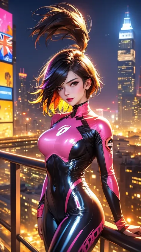 1girl, huge breasts, covered nipples, multicolored hair, blurry, tracer (overwatch), skyscraper, building, solo, brown hair, spiked hair, bodysuit, collarbone, architecture, breasts, east asian architecture, orange bodysuit, blurry, brown eyes, cowboy shot...