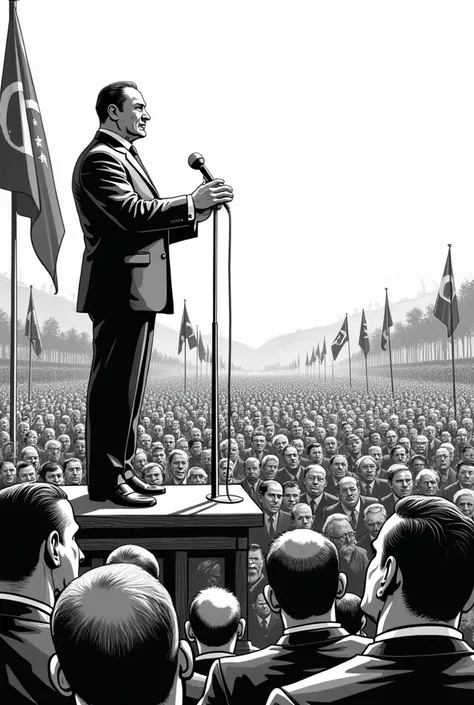 Getúlio Vargas on a platform, with Brazilian flags in the background and a crowd listening. Black and white comic drawing**