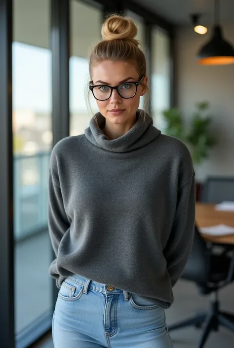 A realistic photo of a hot aged-40 blond woman. Her hands are placed behind her back. She is wearing a large grey wool sweater and light blue jeans. Sensual. High bun style. Glasses. Full body view. At office